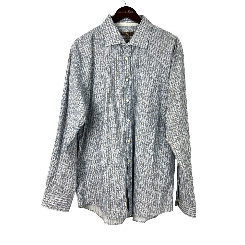 Pronto Uomo Men XXL Blue Tan Shirt Striped Floral Cotton Long Sleeve Button Up H